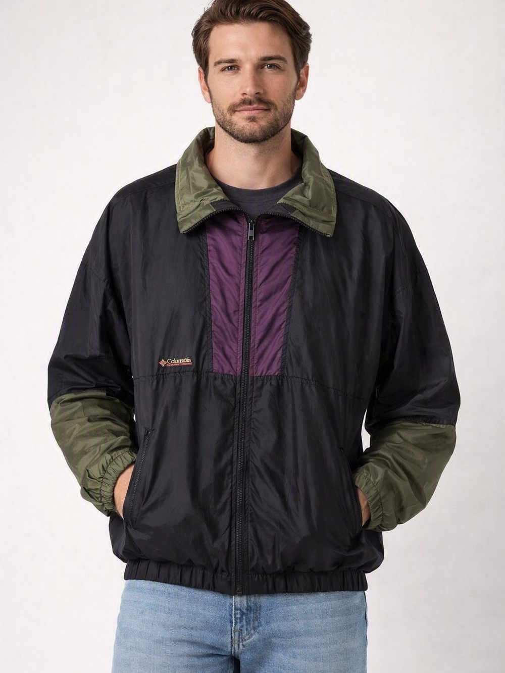 Columbia Windbreak Mens XL Vintage Colour Block Jacket Black Nylon Outdoors